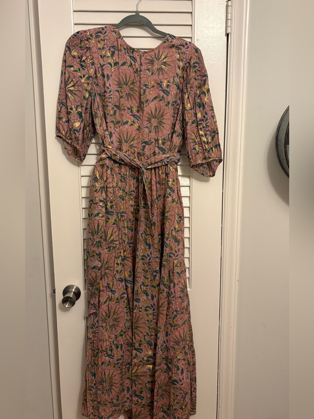 Oliphant Pink Floral Maxi Dress with Gold Accents